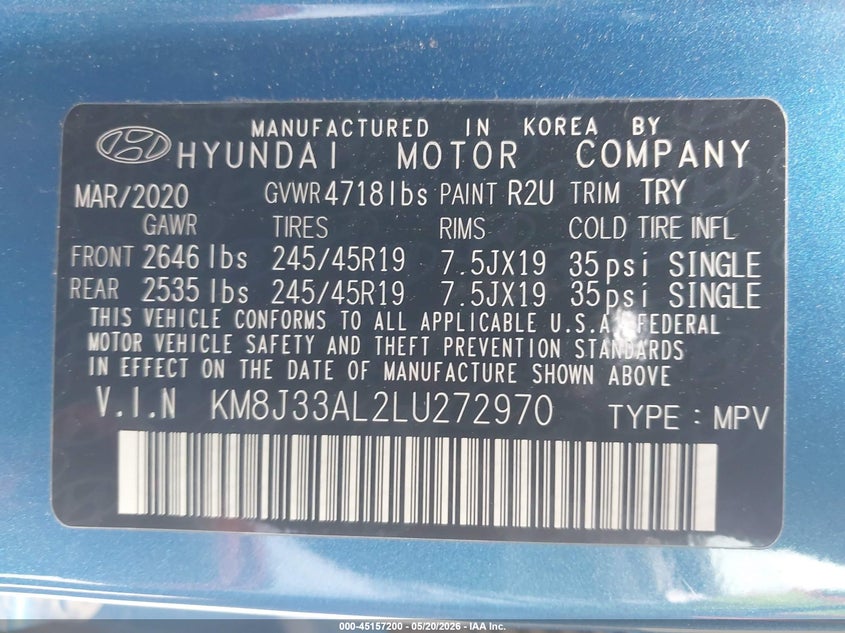 2020 Hyundai Tucson VIN KM8J33AL2LU272970 IAAI salvage auction — RIGHT SIDE, Original (Texas), sold $3,175 on 2026-07-29 (photo 9)