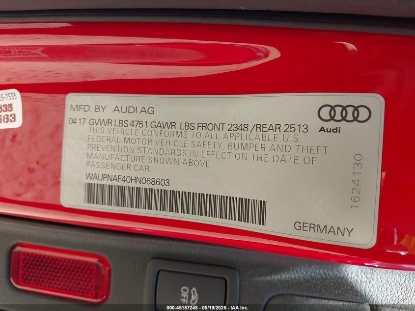 2017 Audi A4 VIN WAUPNAF40HN068603 IAAI salvage auction — FRONT END, Salvage (Georgia), sold $4,075 on 2026-07-09 (photo 9)