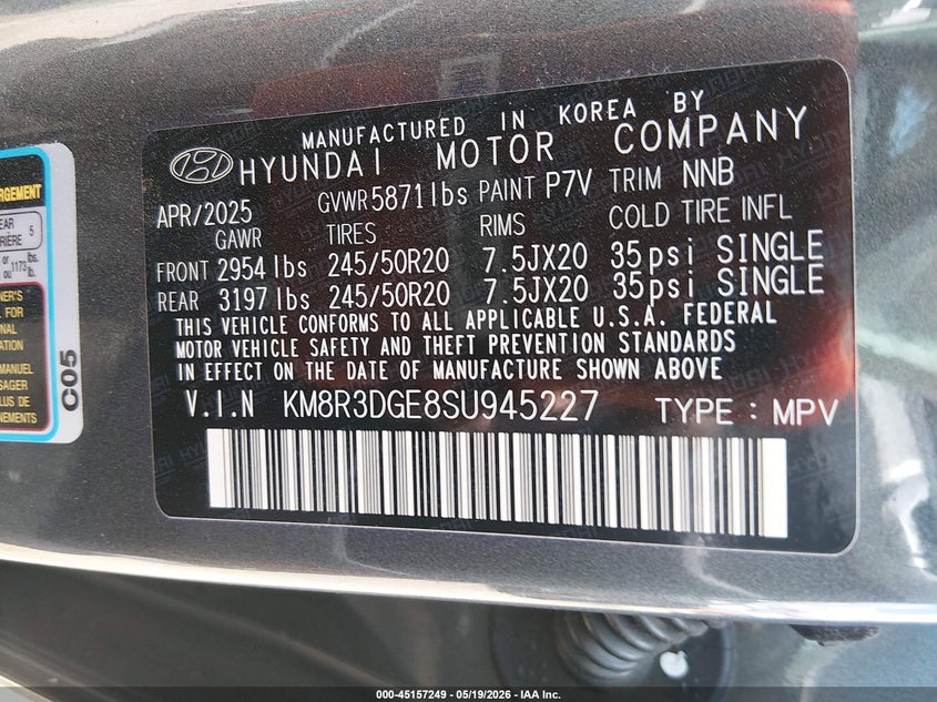 2025 Hyundai Palisade VIN KM8R3DGE8SU945227 IAAI salvage auction — FRONT END, Salvage (Tennessee), sold $7,700 on 2026-07-09 (photo 9)