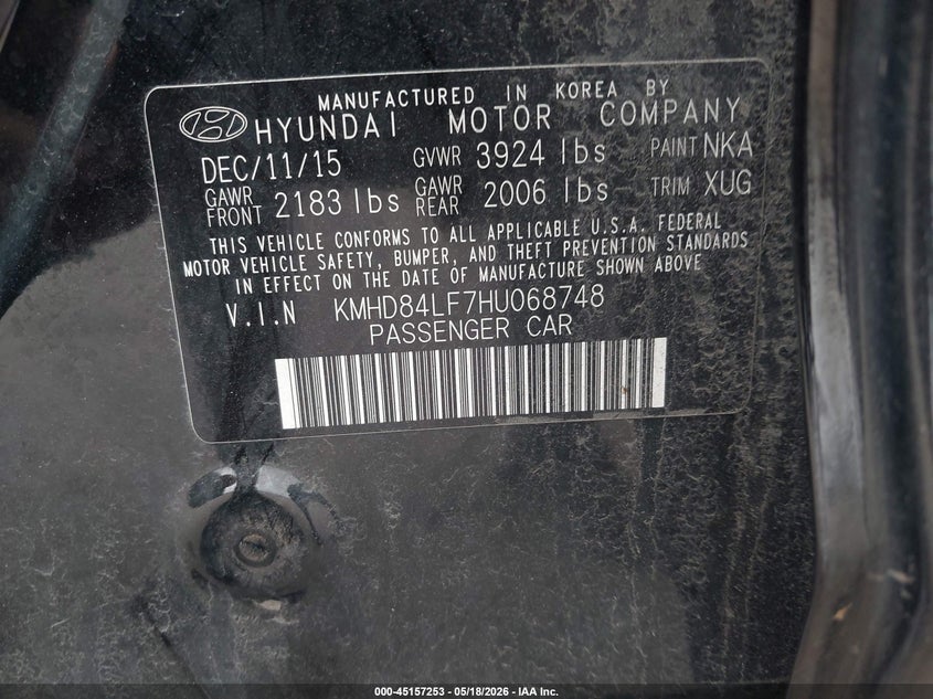 2017 Hyundai Elantra VIN KMHD84LF7HU068748 IAAI salvage auction — LEFT SIDE, Salvage (Minnesota), sold $1,850 on 2026-07-29 (photo 9)