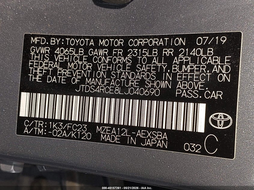 2020 Toyota Corolla VIN JTDS4RCE8LJ040690 IAAI salvage auction — ROLLOVER, Salvage (New Jersey), sold $2,250 on 2026-07-06 (photo 9)