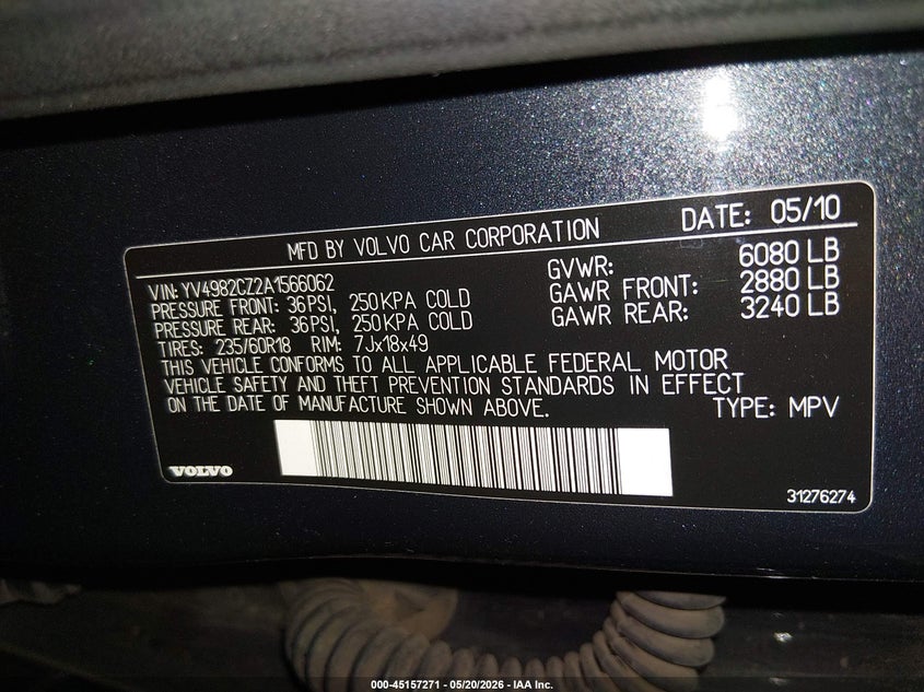 2010 Volvo Xc90 VIN YV4982CZ2A1566062 IAAI salvage auction — RIGHT REAR, Salvage (Arizona), sold $750 on 2026-07-21 (photo 9)