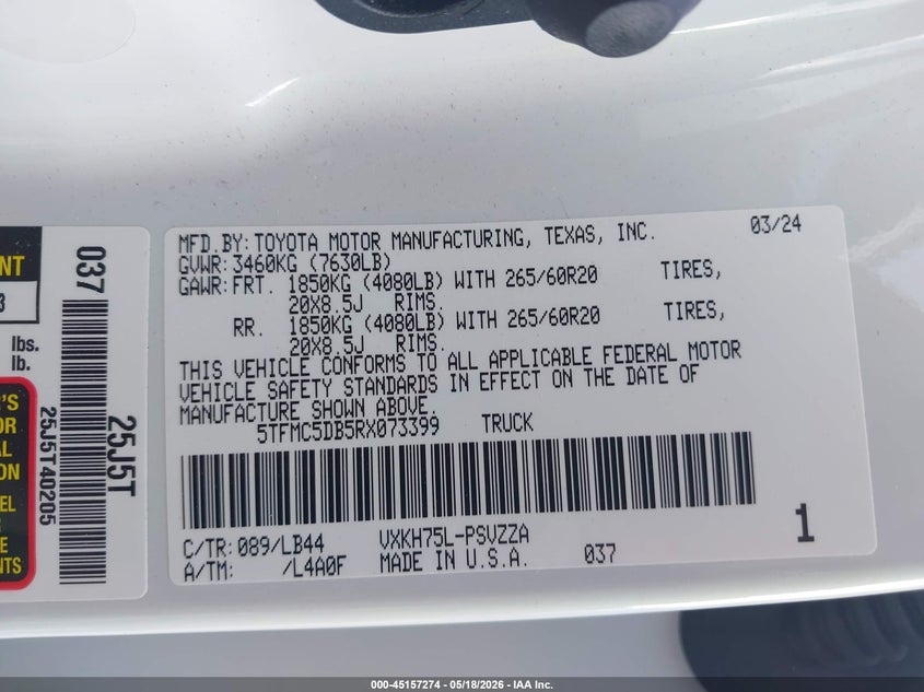 2024 Toyota Tundra VIN 5TFMC5DB5RX073399 IAAI salvage auction — TRANSMISSION, Salvage (Alabama), sold $24,125 on 2026-07-06 (photo 9)