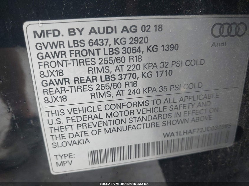 2018 Audi Q7 VIN WA1LHAF72JD032985 IAAI salvage auction — REAR END, Salvage (Pennsylvania), sold $25 on 2026-07-29 (photo 9)