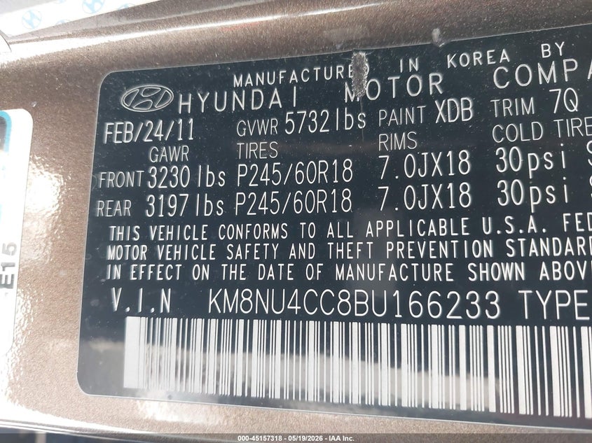 2011 Hyundai Veracruz VIN KM8NU4CC8BU166233 IAAI salvage auction — SIDE, Salvage (California), sold $1,650 on 2026-07-19 (photo 9)