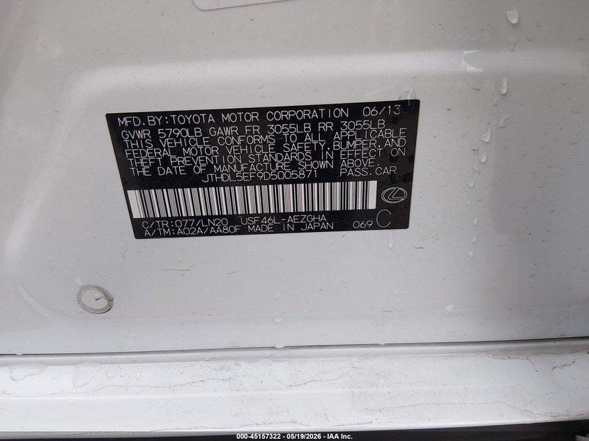 2013 Lexus Ls VIN JTHDL5EF9D5005871 IAAI salvage auction — REAR END, Salvage (Colorado), sold $3,250 on 2026-07-28 (photo 9)