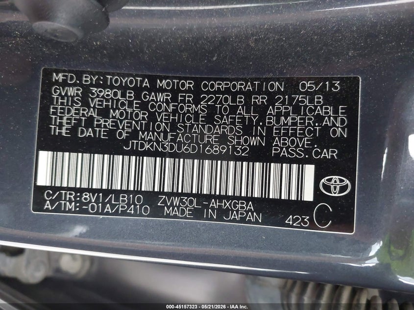 2013 Toyota Prius VIN JTDKN3DU6D1689132 IAAI salvage auction — HAIL, Clear (Missouri), sold $1,850 on 2026-07-13 (photo 9)