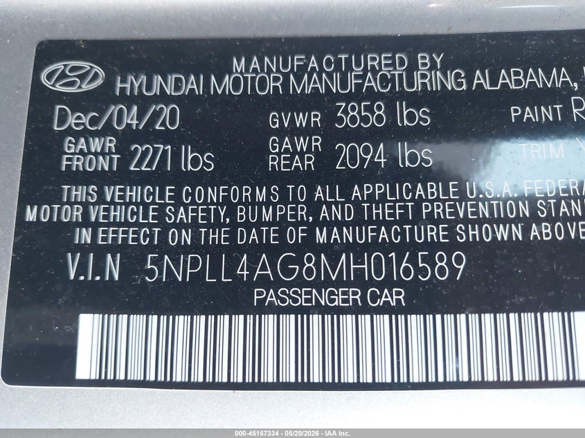 2021 Hyundai Elantra VIN 5NPLL4AG8MH016589 IAAI salvage auction — FRONT & REAR, Salvage (Virginia), sold $2,850 on 2026-07-14 (photo 9)
