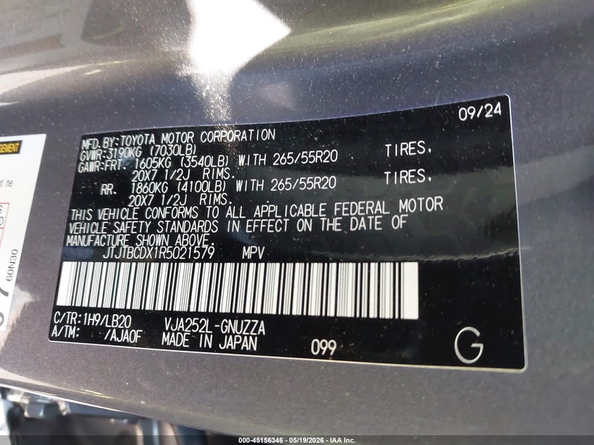 2024 Lexus Gx VIN JTJTBCDX1R5021579 IAAI salvage auction — FRONT END, Salvage (Indiana), sold $12,100 on 2026-07-29 (photo 9)