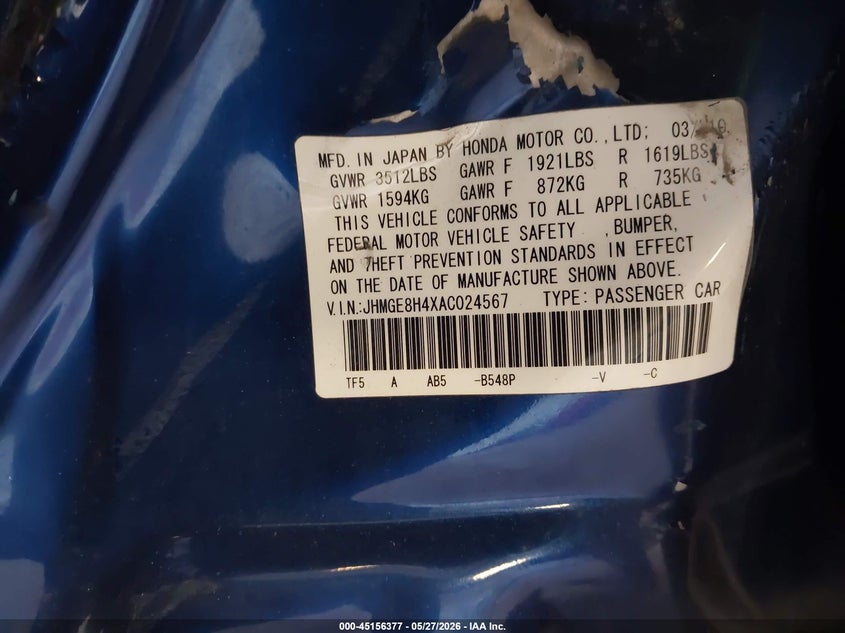 2010 Honda Fit VIN JHMGE8H4XAC024567 IAAI salvage auction — LEFT SIDE, Clear (Michigan), sold $400 on 2026-07-14 (photo 9)