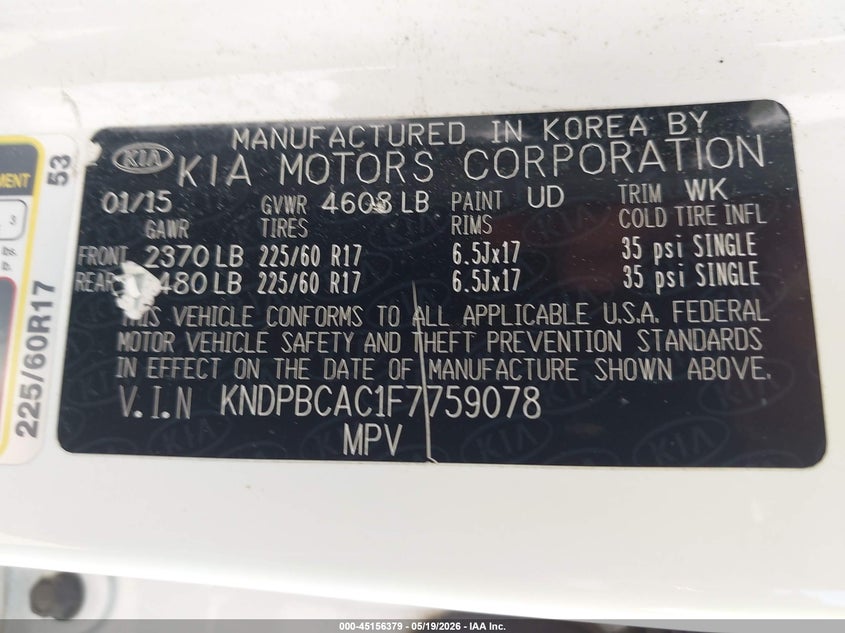2015 Kia Sportage VIN KNDPBCAC1F7759078 IAAI salvage auction — FRONT END, Salvage (Ohio), sold $900 on 2026-07-07 (photo 9)