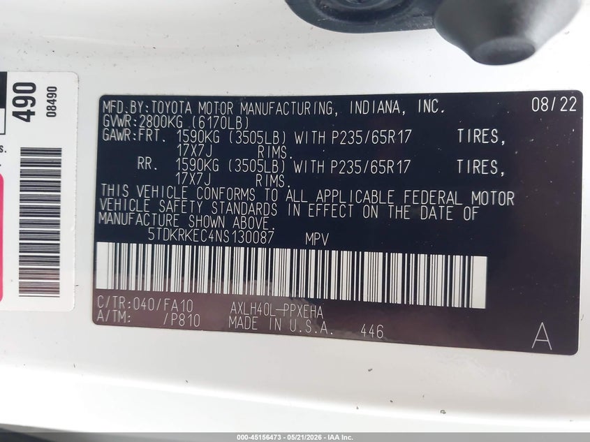 2022 Toyota Sienna VIN 5TDKRKEC4NS130087 IAAI salvage auction — FRONT END, Salvage Title, sold $12,200 on 2026-07-28 (photo 9)