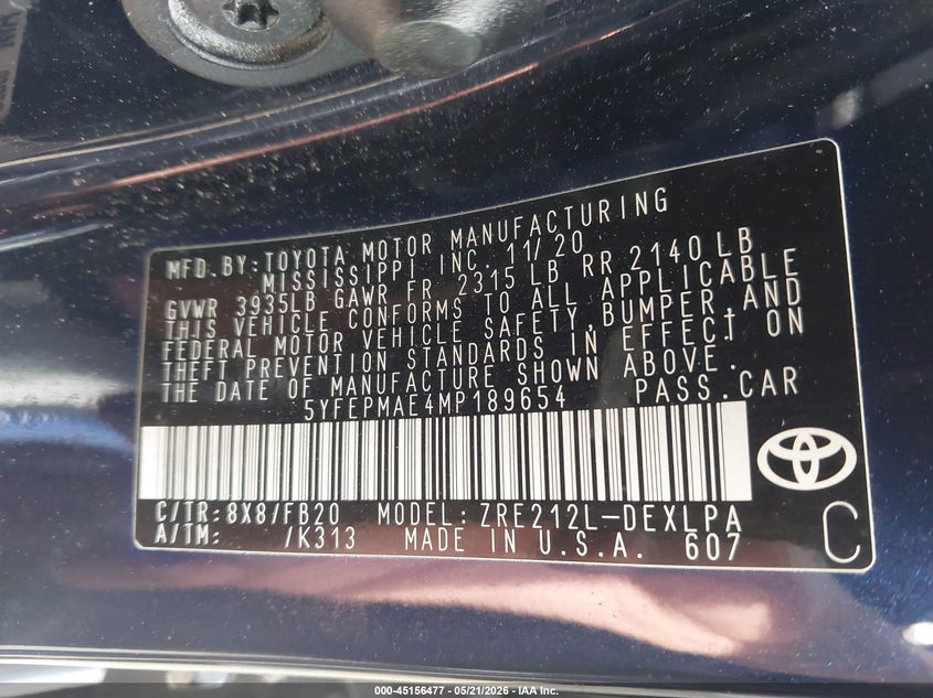 2021 Toyota Corolla VIN 5YFEPMAE4MP189654 IAAI salvage auction — ELECTRICAL, Salvage (Louisiana), sold $5,300 on 2026-07-06 (photo 9)