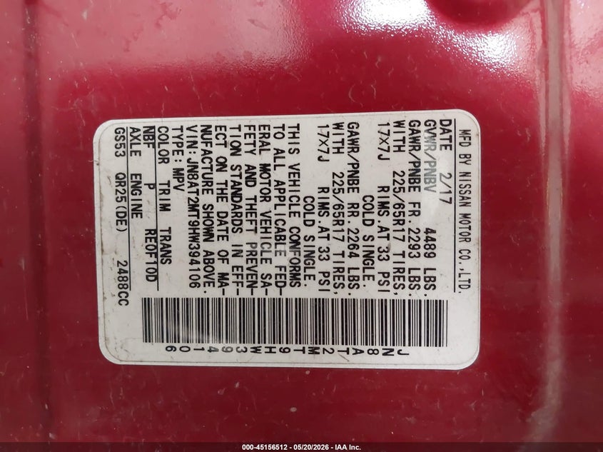 2017 Nissan Rogue VIN JN8AT2MT9HW394106 IAAI salvage auction — REAR END, Original (Texas), sold $1,850 on 2026-07-21 (photo 9)