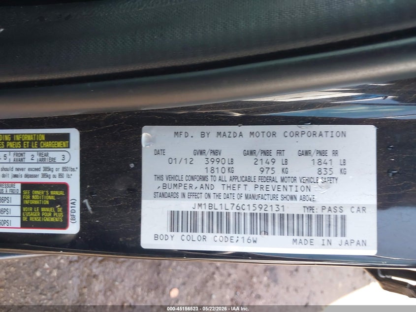 2012 Mazda VIN JM1BL1L76C1592131 IAAI salvage auction — LEFT SIDE, Clear (Oklahoma), sold $300 on 2026-07-22 (photo 9)