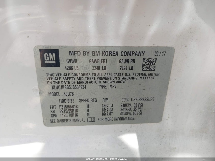 2018 Buick Encore VIN KL4CJBSB5JB534924 IAAI salvage auction — LEFT FRONT, Salvage (Georgia), sold $550 on 2026-07-20 (photo 9)