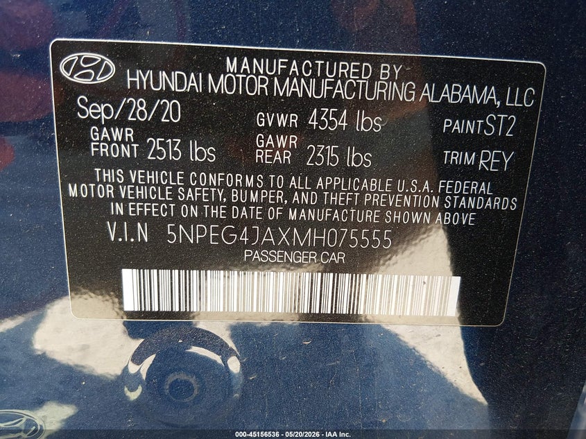 2021 Hyundai Sonata VIN 5NPEG4JAXMH075555 IAAI salvage auction — FRONT END, Salvage (Pennsylvania), sold $2,500 on 2026-07-31 (photo 9)