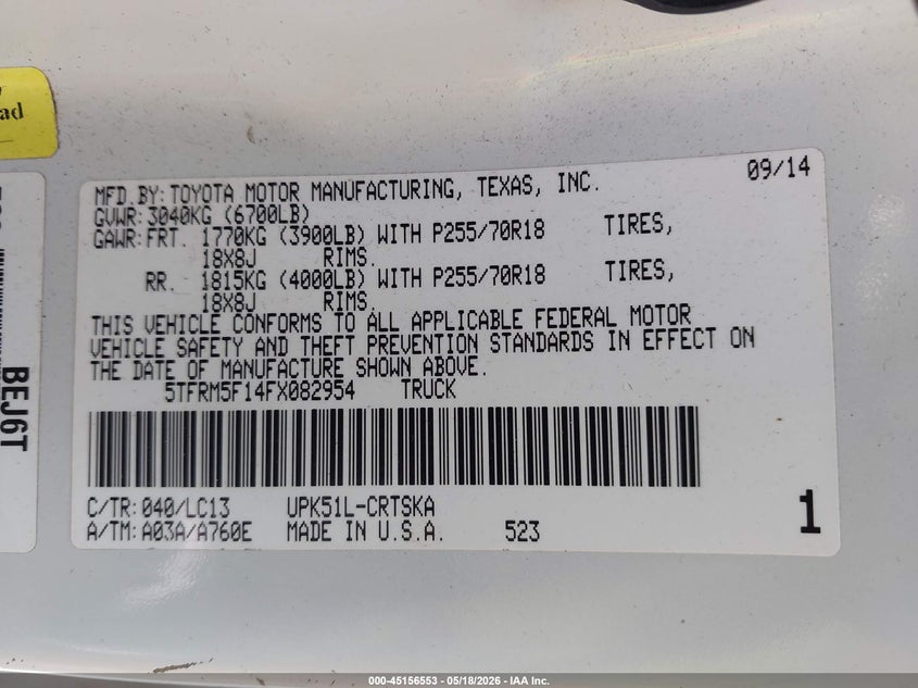 2015 Toyota Tundra VIN 5TFRM5F14FX082954 IAAI salvage auction — LEFT SIDE, Original (Texas), sold $3,200 on 2026-07-23 (photo 9)