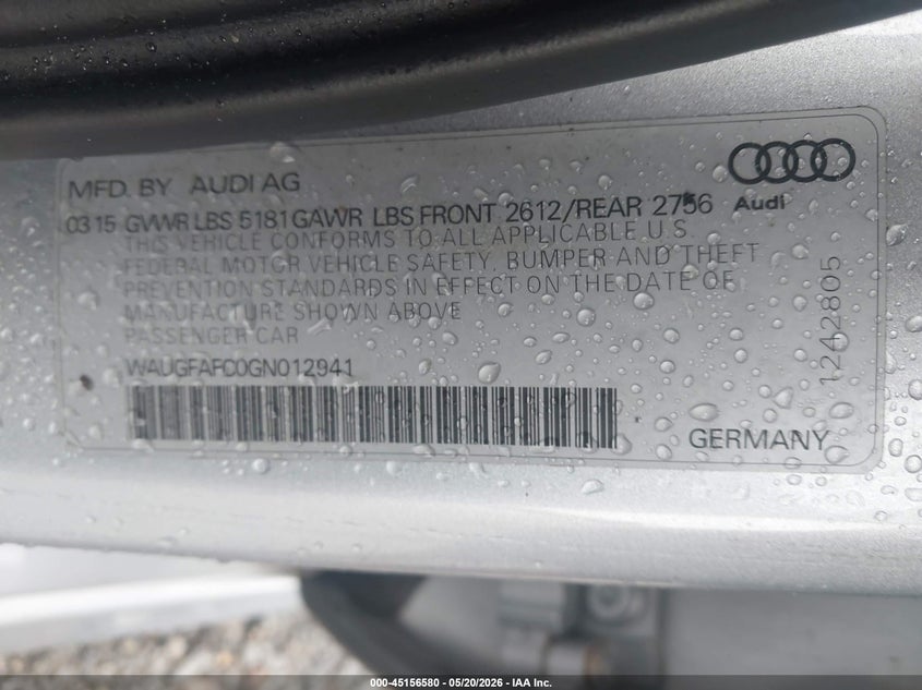 2016 Audi A6 VIN WAUGFAFC0GN012941 IAAI salvage auction — HAIL, Clear (Arkansas), sold $3,250 on 2026-07-22 (photo 9)