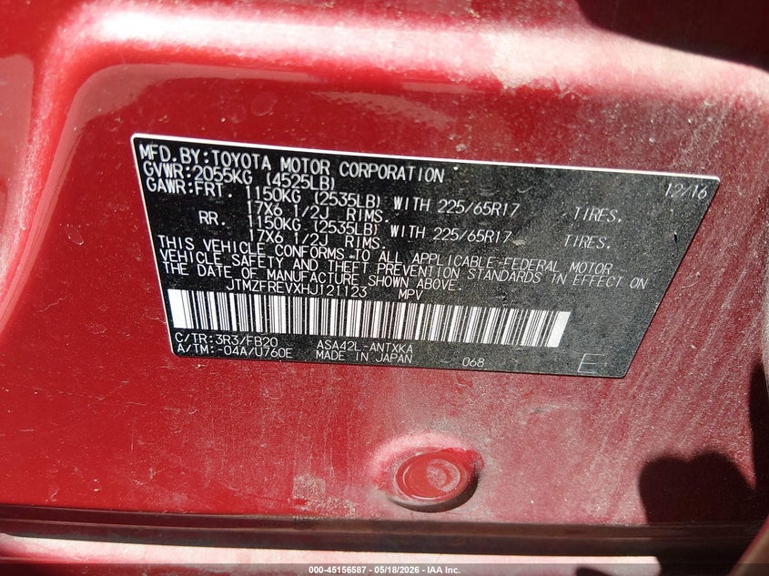 2017 Toyota Rav 4 VIN JTMZFREVXHJ121123 IAAI salvage auction — REAR END, Junk Receipt (North Carolina), sold $1,900 on 2026-07-15 (photo 9)