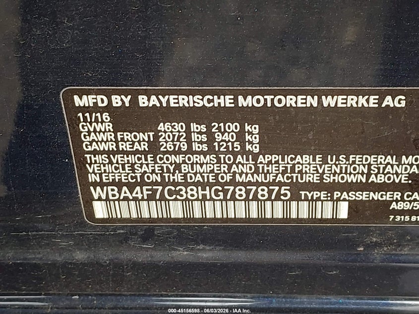 2017 BMW 4er VIN WBA4F7C38HG787875 IAAI salvage auction — HAIL, Original (Texas), sold $1,700 on 2026-07-28 (photo 9)