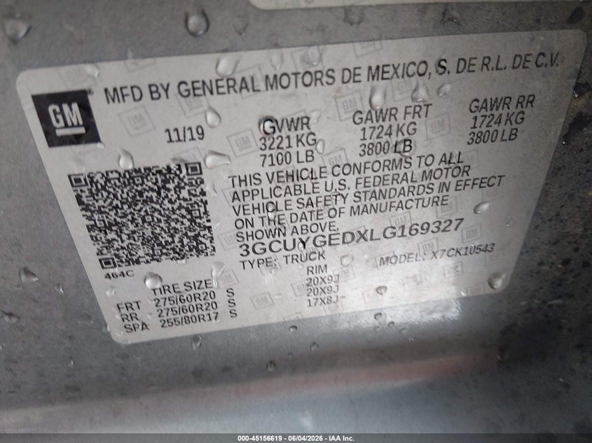 2020 Chevrolet Silverado VIN 3GCUYGEDXLG169327 IAAI salvage auction — HAIL, Salvage (Kansas), sold $13,400 on 2026-07-31 (photo 9)