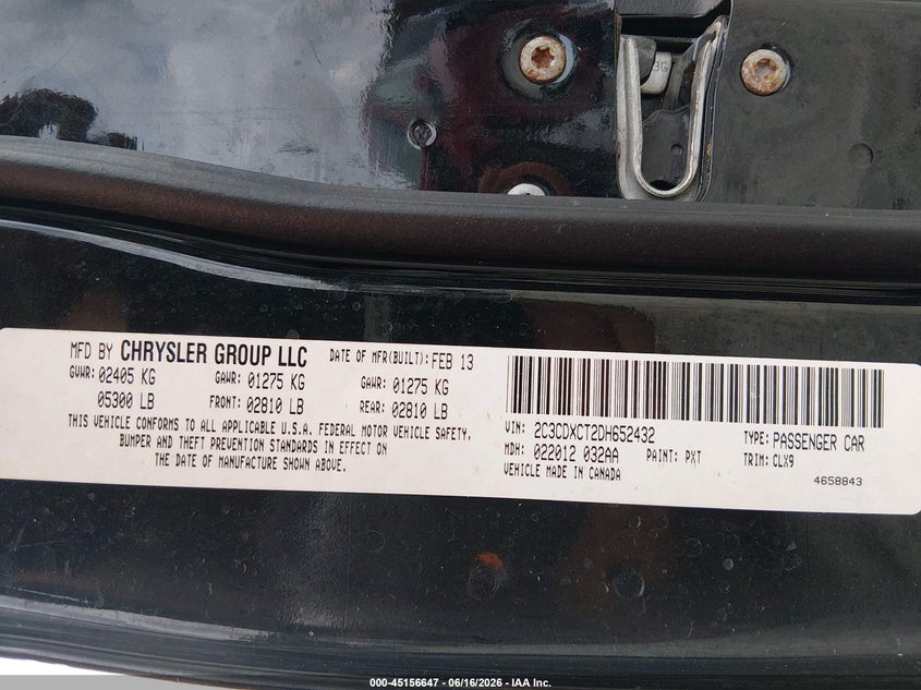 2013 Dodge Charger VIN 2C3CDXCT2DH652432 IAAI salvage auction — FRONT & REAR, Salvage (Georgia), sold $575 on 2026-08-16 (photo 9)