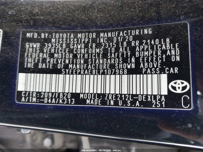2020 Toyota Corolla VIN 5YFEPRAE8LP107968 IAAI salvage auction — FRONT END, Salvage (Texas), sold $3,600 on 2026-07-15 (photo 9)