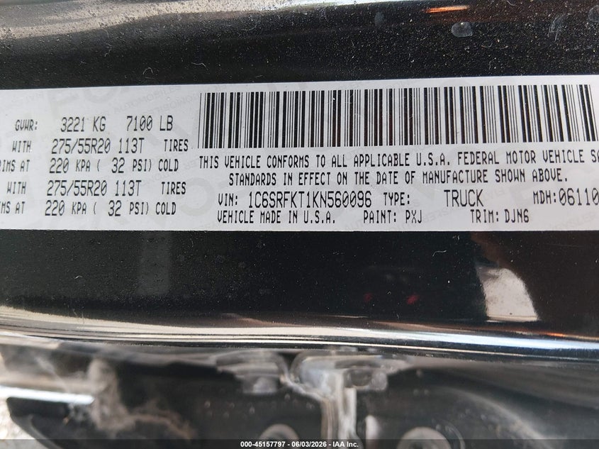 2019 Ram 1500 VIN 1C6SRFKT1KN560096 IAAI salvage auction — LEFT FRONT, Wait Title, sold $12,400 on 2026-09-02 (photo 9)