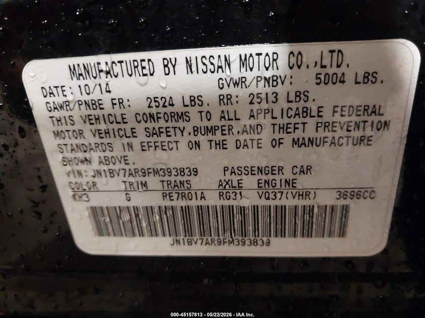 2015 Infiniti Q50 VIN JN1BV7AR9FM393839 IAAI salvage auction — UNKNOWN, Salvage (Iowa), sold $150 on 2026-07-21 (photo 9)