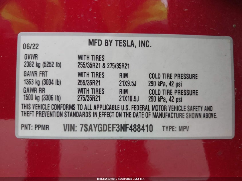 2022 Tesla Model y VIN 7SAYGDEF3NF488410 IAAI salvage auction — SIDE, Clear (Oklahoma), sold $25 on 2026-08-01 (photo 9)