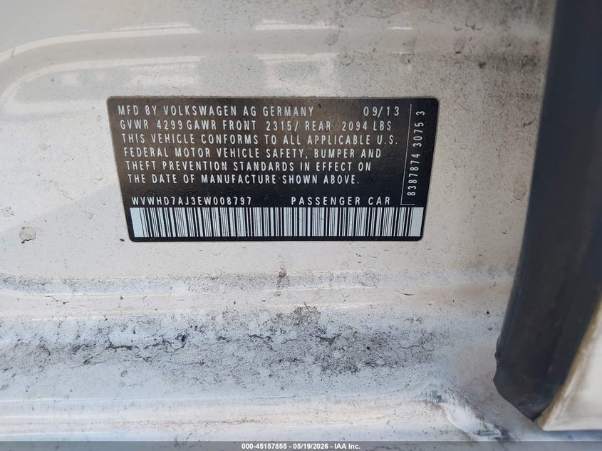 2014 Volkswagen Gti VIN WVWHD7AJ3EW008797 IAAI salvage auction — FRONT END, Rebuildable (Florida), sold $2,100 on 2026-07-18 (photo 9)