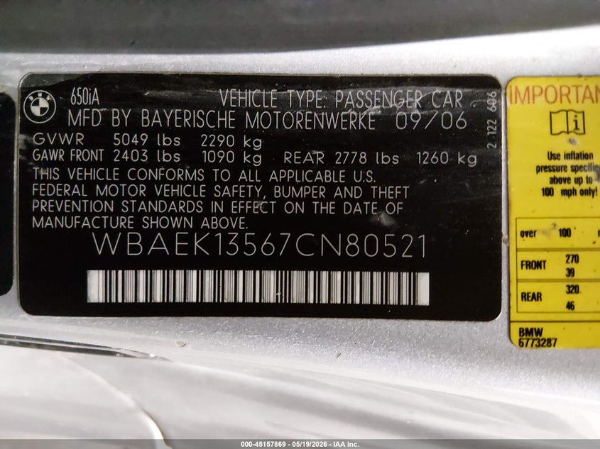 2007 BMW 6 series VIN WBAEK13567CN80521 IAAI salvage auction — LEFT FRONT, Salvage (Iowa), sold $475 on 2026-07-14 (photo 9)