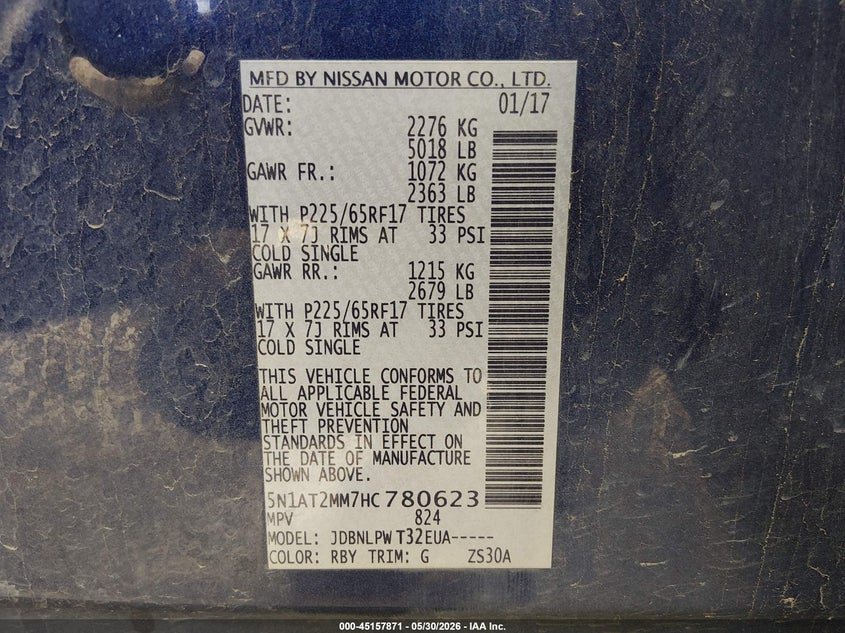 2017 Nissan Rogue VIN 5N1AT2MM7HC780623 IAAI salvage auction — HAIL, Salvage (Kansas), sold $2,800 on 2026-07-10 (photo 9)