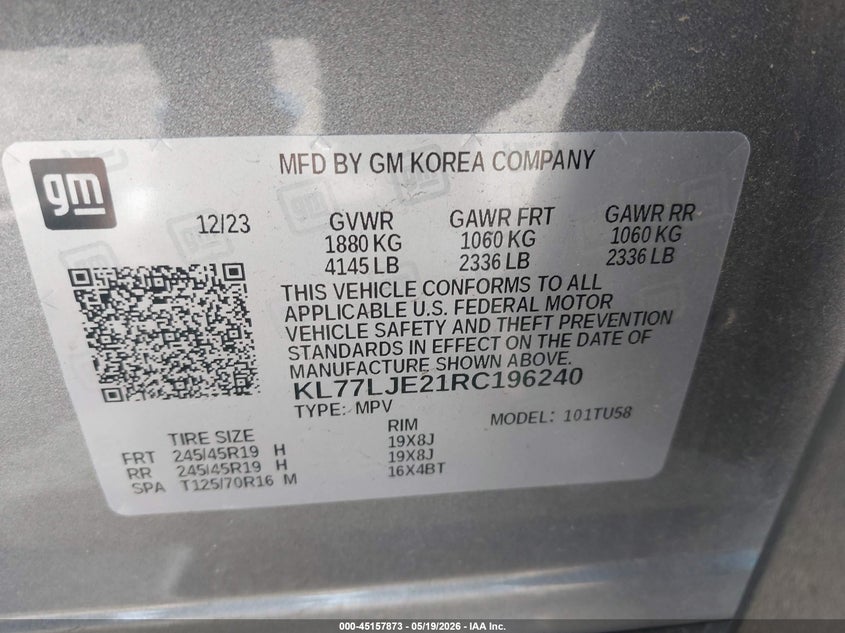 2024 Chevrolet Trax VIN KL77LJE21RC196240 IAAI salvage auction — ROLLOVER, Mv-907A (New York), sold $2,750 on 2026-07-22 (photo 9)