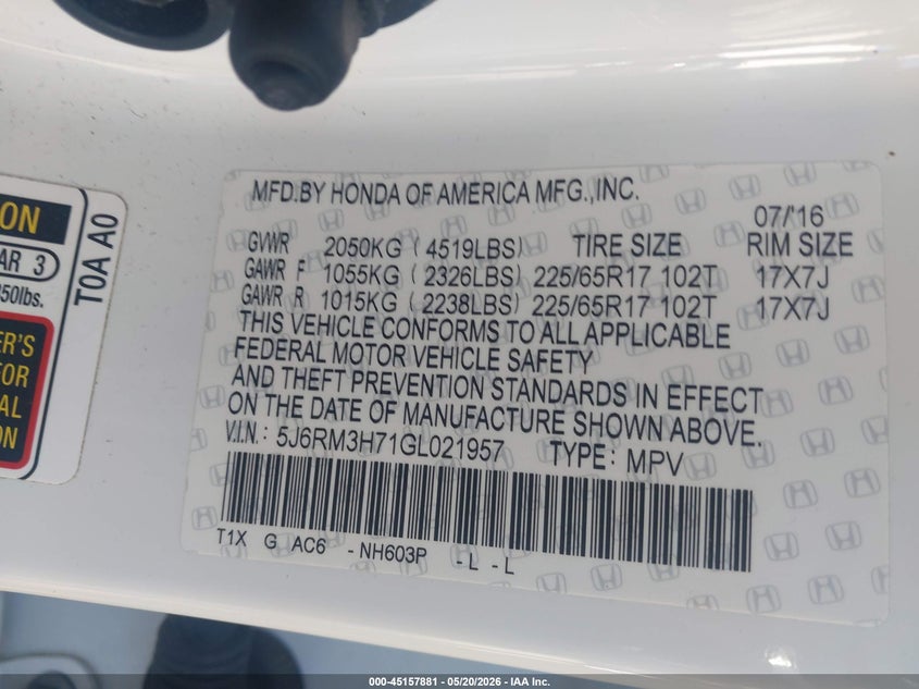 2016 Honda Cr-v VIN 5J6RM3H71GL021957 IAAI salvage auction — FRONT END, Salvage (Georgia), sold $3,150 on 2026-07-09 (photo 9)