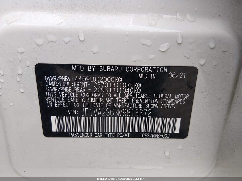 2021 Subaru Wrx sti VIN JF1VA2S63M9813372 IAAI salvage auction — RIGHT FRONT, Salvage (Missouri), sold $8,050 on 2026-07-21 (photo 9)