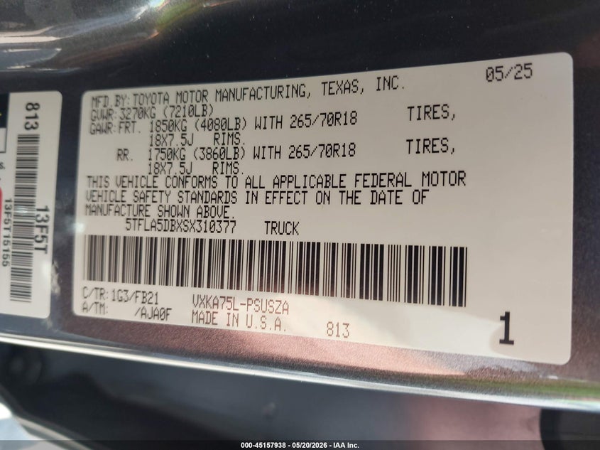 2025 Toyota Tundra VIN 5TFLA5DBXSX310377 IAAI salvage auction — LEFT REAR, Salvage (California), sold $23,700 on 2026-07-20 (photo 9)