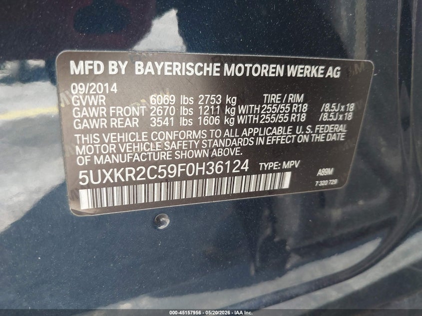 2015 BMW X5 VIN 5UXKR2C59F0H36124 IAAI salvage auction — FRONT END, Certificate Of Destruction (Florida), sold $25 on 2026-07-23 (photo 9)