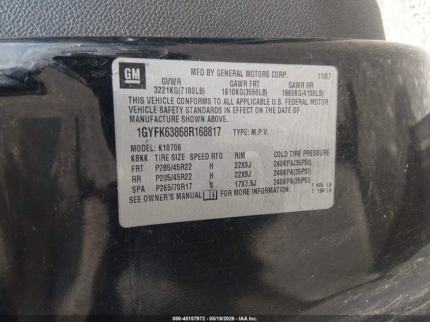2008 Cadillac Escalade VIN 1GYFK63868R168817 IAAI salvage auction — WATER/FLOOD, Salvage (Louisiana), sold $675 on 2026-07-23 (photo 9)