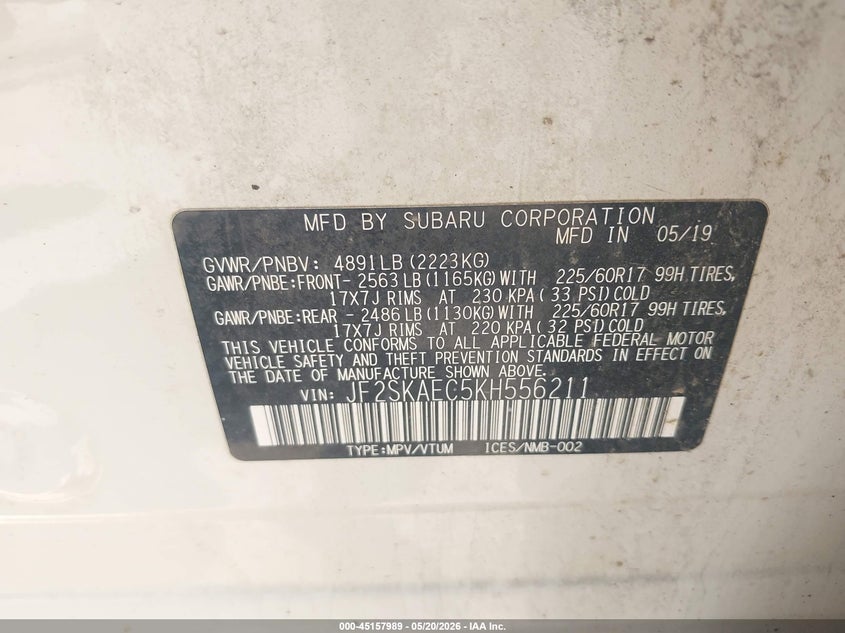 2019 Subaru Forester VIN JF2SKAEC5KH556211 IAAI salvage auction — RIGHT SIDE, Rebuildable (Florida), sold $3,500 on 2026-07-07 (photo 9)