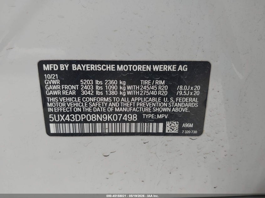 2022 BMW X3 VIN 5UX43DP08N9K07498 IAAI salvage auction — SIDE, Salvage (Texas), sold $4,400 on 2026-07-27 (photo 9)