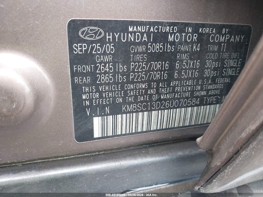 2006 Hyundai Santa fe VIN KM8SC13D26U070584 IAAI salvage auction — LEFT & RIGHT, Salvage (Mississippi), sold $25 on 2026-07-23 (photo 9)