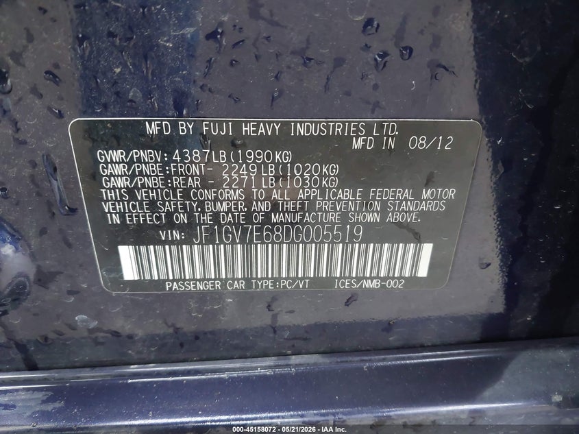 2013 Subaru Impreza VIN JF1GV7E68DG005519 IAAI salvage auction — FRONT & REAR, Certificate Of Title (Nebraska), sold $25 on 2026-07-30 (photo 9)