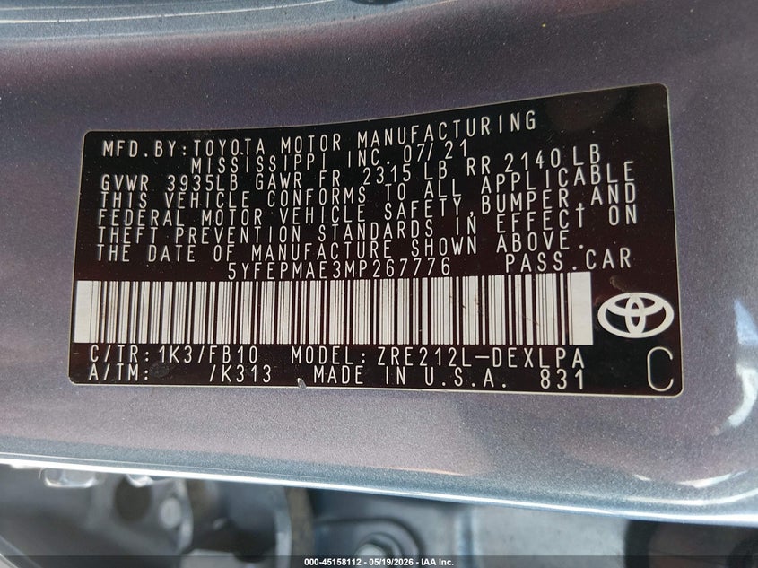 2021 Toyota Corolla VIN 5YFEPMAE3MP267776 IAAI salvage auction — REPOSSESSION, Rebuildable (Florida), sold $3,550 on 2026-07-09 (photo 9)
