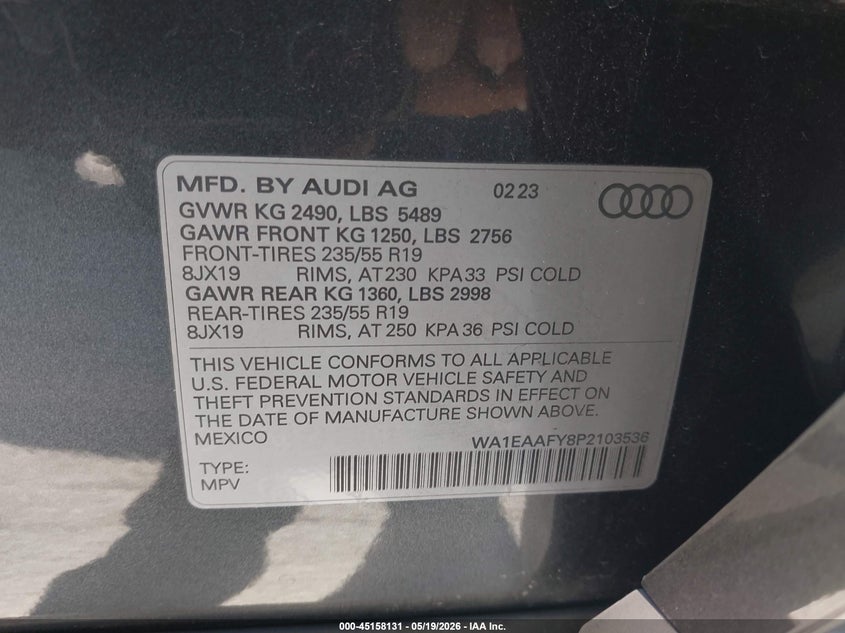 2023 Audi Q5 VIN WA1EAAFY8P2103536 IAAI salvage auction — FRONT END, Salvage (California), sold $13,300 on 2026-07-08 (photo 9)
