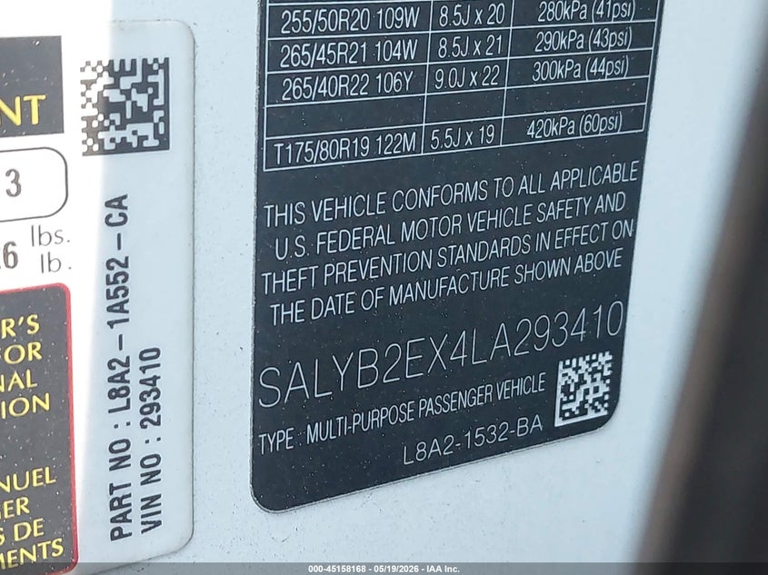 2020 Land rover Range rover velar VIN SALYB2EX4LA293410 IAAI salvage auction — SIDE, Salvage (New Jersey), sold $7,500 on 2026-08-01 (photo 9)