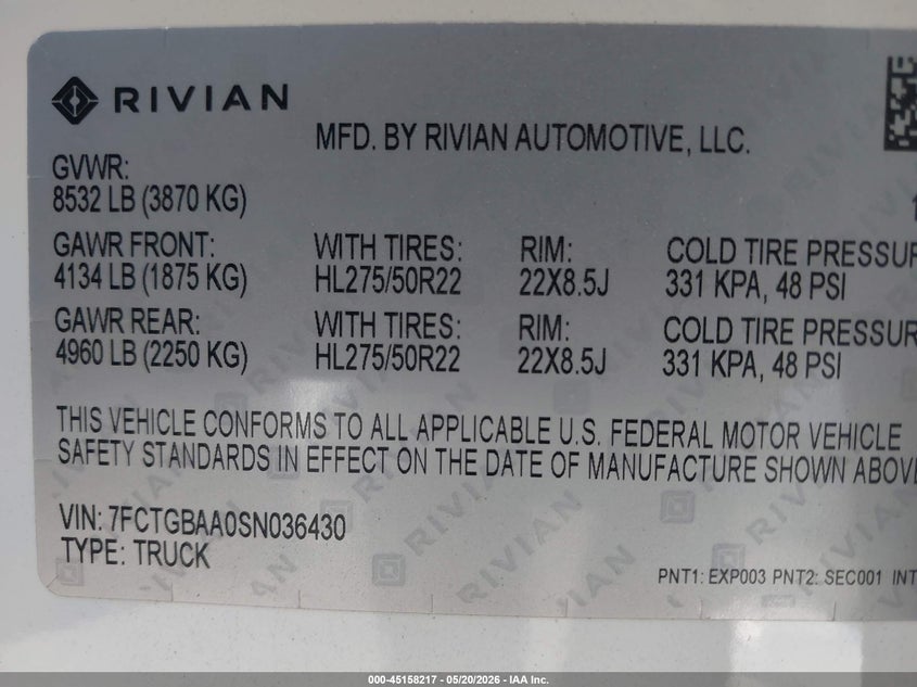 2025 Rivian R1t VIN 7FCTGBAA0SN036430 IAAI salvage auction — REAR END, Salvage (California), sold $20,200 on 2026-07-30 (photo 9)