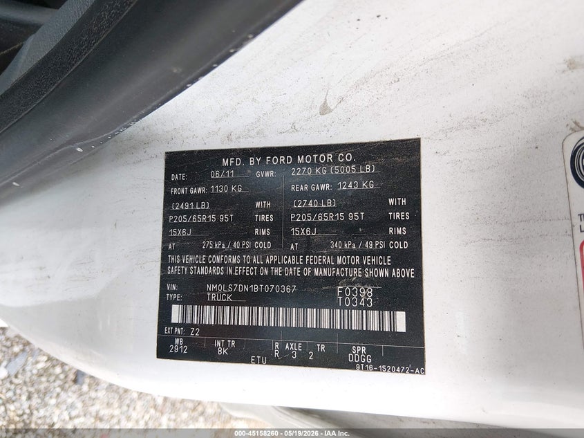 2011 Ford Transit connect VIN NM0LS7DN1BT070367 IAAI salvage auction — FRONT END, Clear (Indiana), sold $275 on 2026-07-22 (photo 9)
