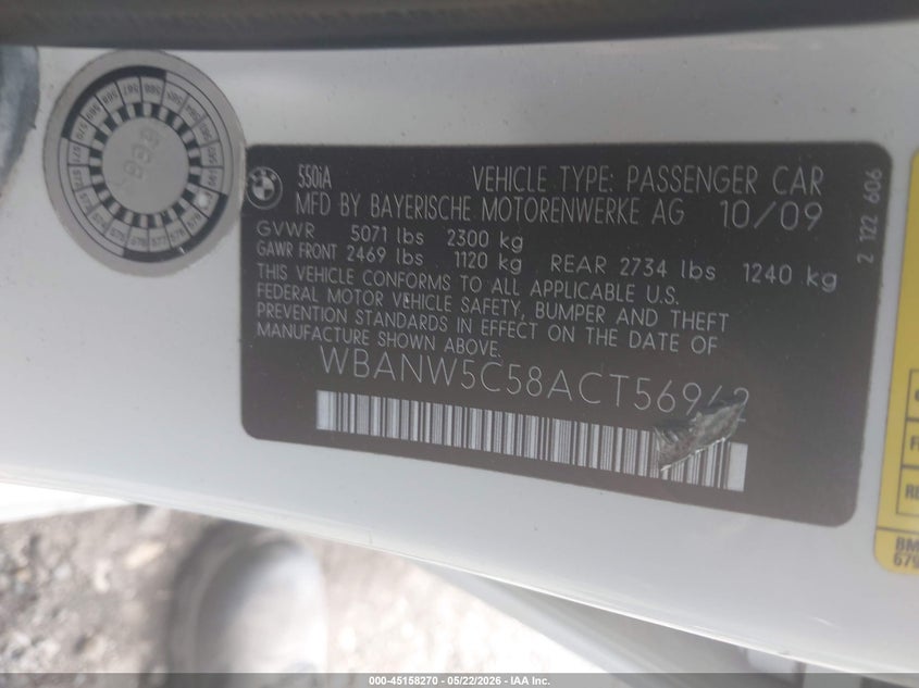 2010 BMW 5er VIN WBANW5C58ACT56962 IAAI salvage auction — SIDE, Salvage (Idaho), sold $775 on 2026-07-28 (photo 9)